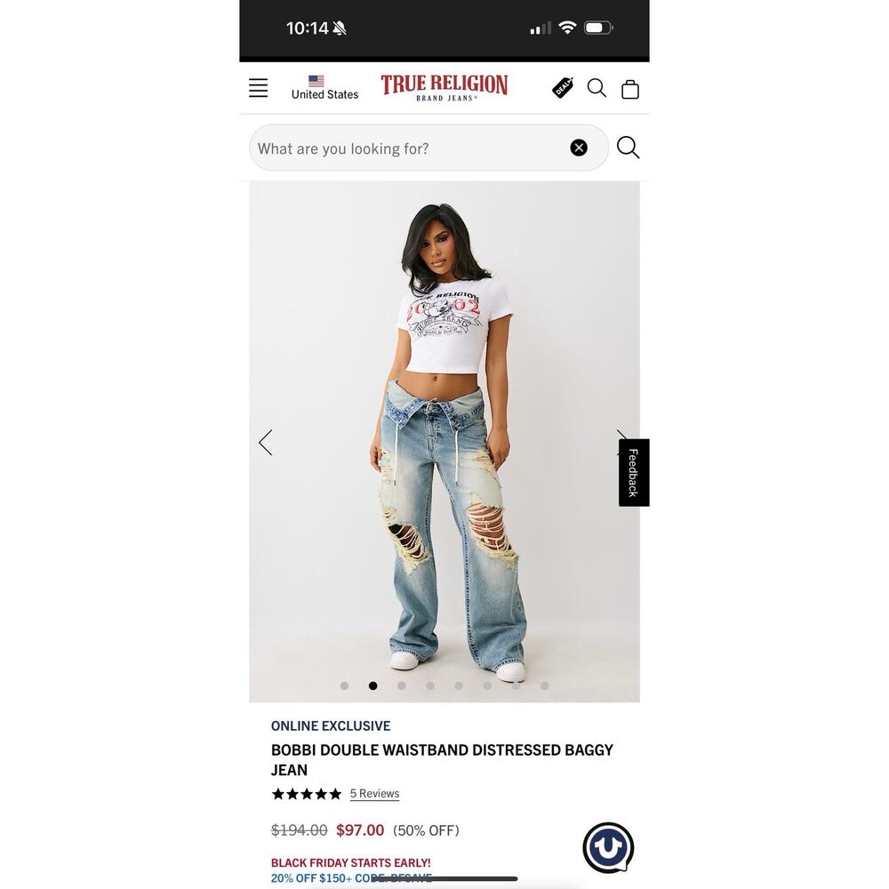 True Religion Bobbi Double Waistband Distressed Baggy Jean Wmns 32X31 $200